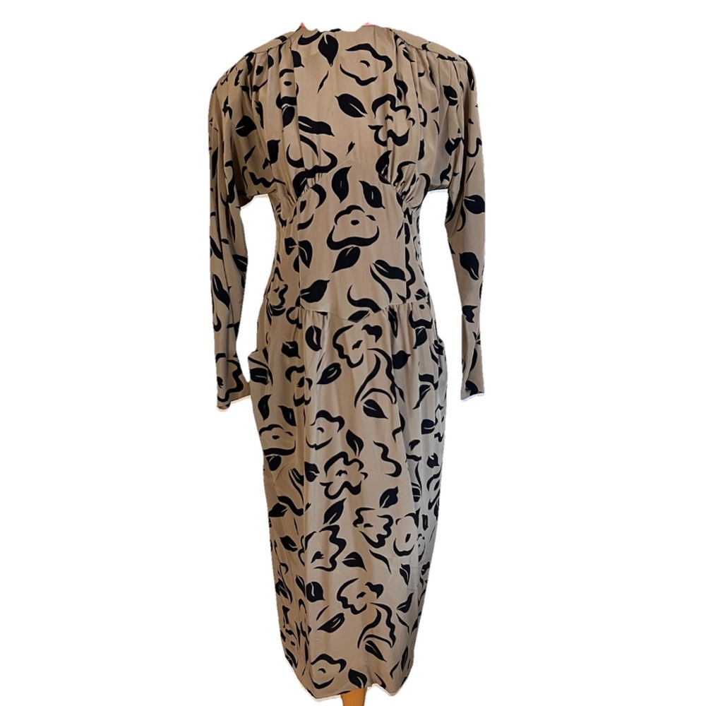 Vintage 90s Brown Silk Studio Floral Long Sleeve Pleated 10 Button Up Midi Dress